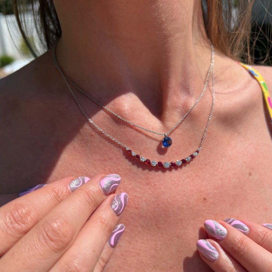 18K White Gold Diamond and Ruby Curve Bar Necklace