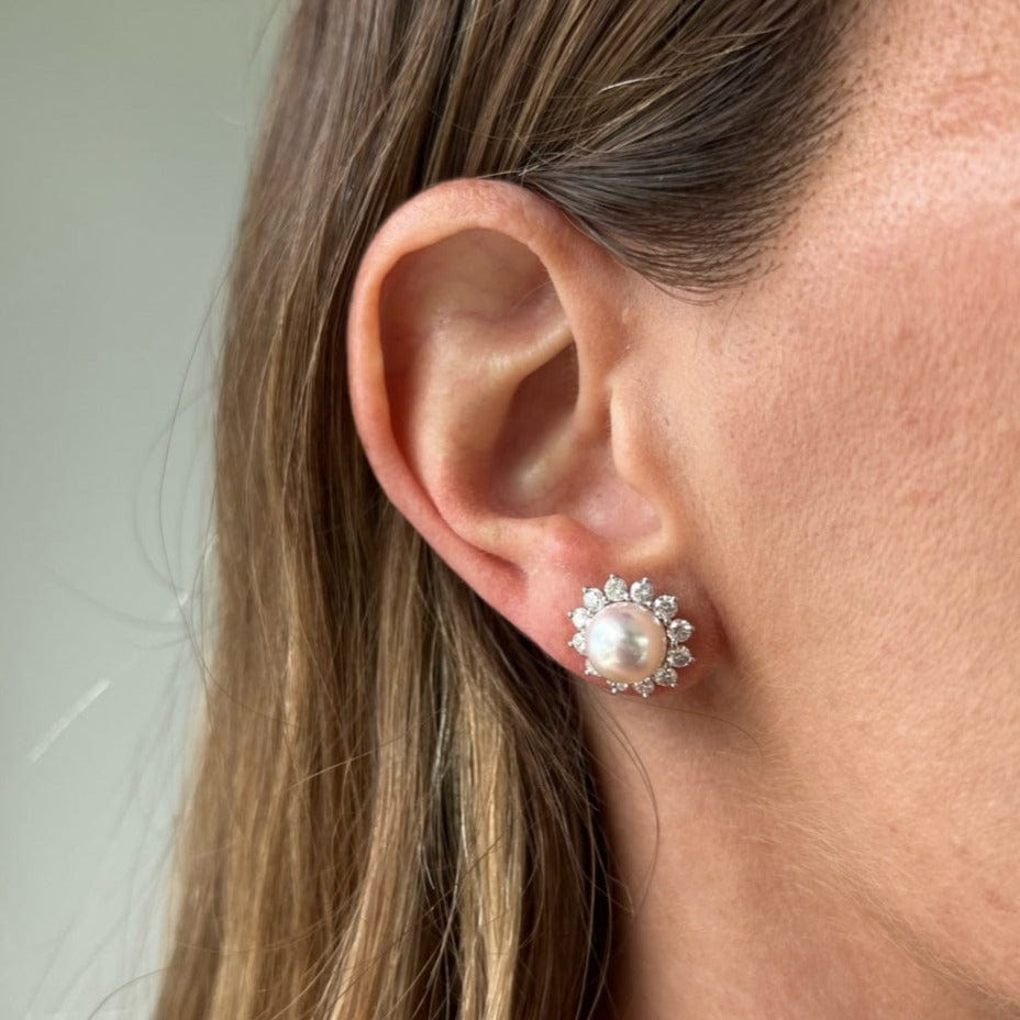 Mikimoto 18K White Gold Pearl and Diamond Earrings