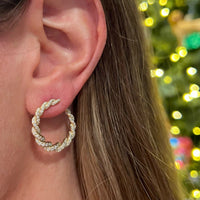 14K Yellow Gold Diamond Twist Hoop Earrings
