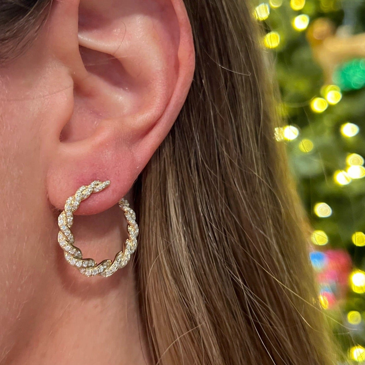 14K Yellow Gold Diamond Twist Hoop Earrings
