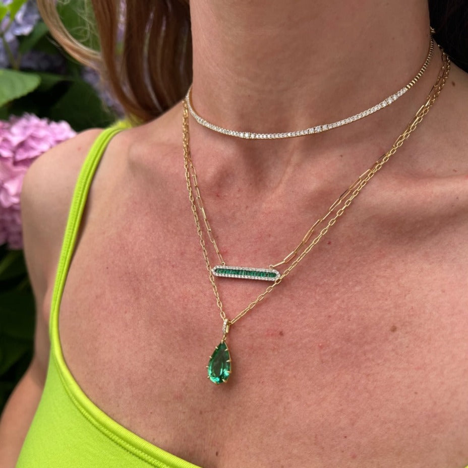 14K Yellow Gold Emerald and Diamond Bar Necklace