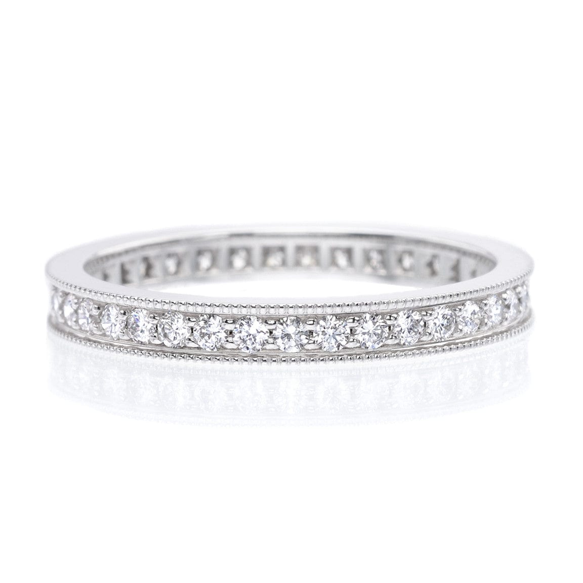 18K White Gold Bead Set Diamond Eternity Band with Milgrain