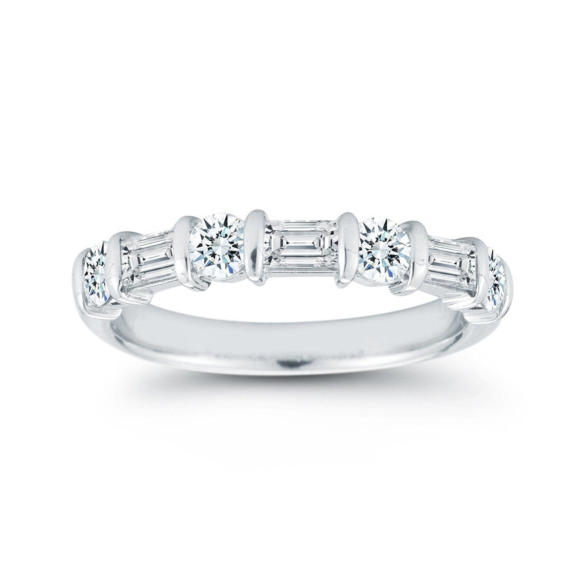 Platinum Alternating Round and Baguette Diamond Wedding Ring