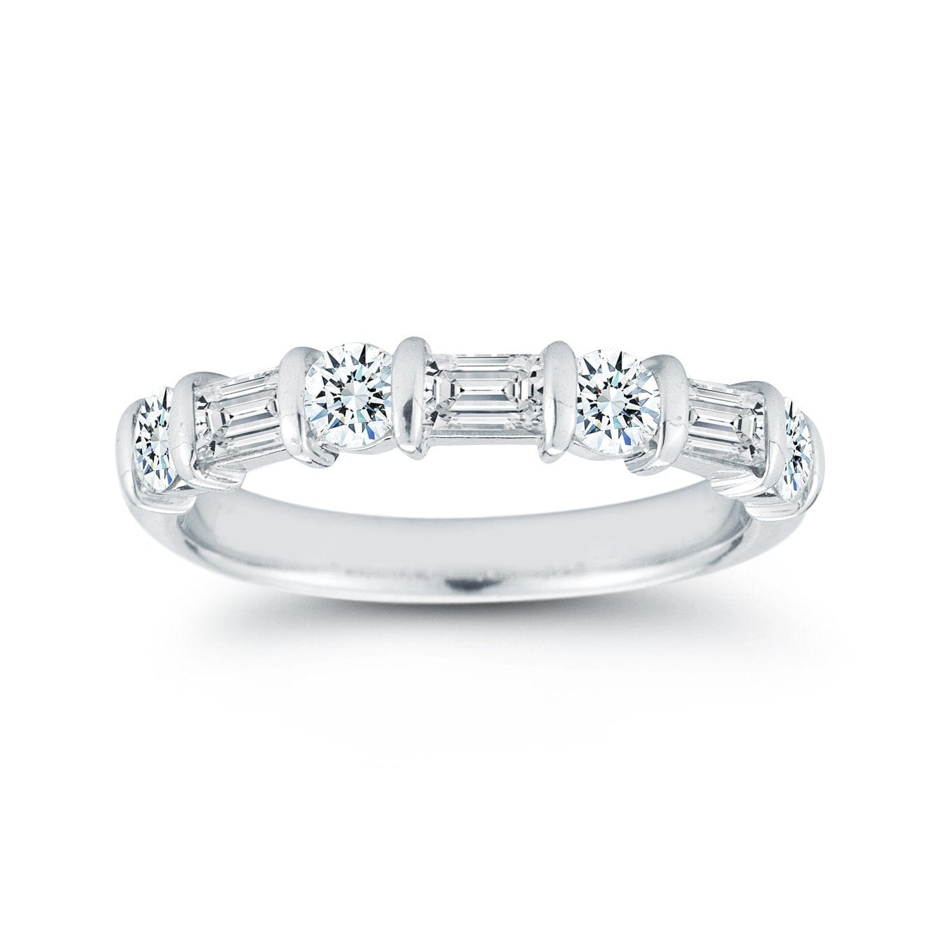 Platinum Alternating Round and Baguette Diamond Wedding Ring