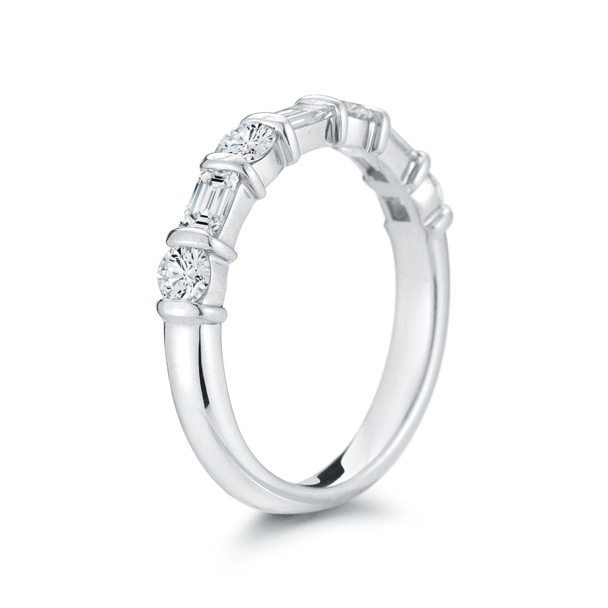 Platinum Alternating Round and Baguette Diamond Wedding Ring