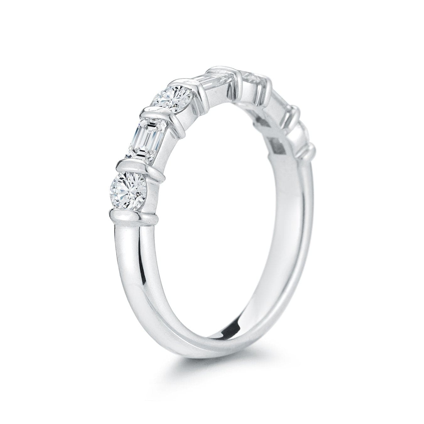 Platinum Alternating Round and Baguette Diamond Wedding Ring