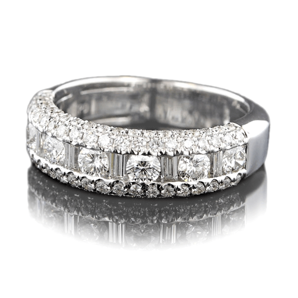 14K White Gold Round and Baguette Diamond Band