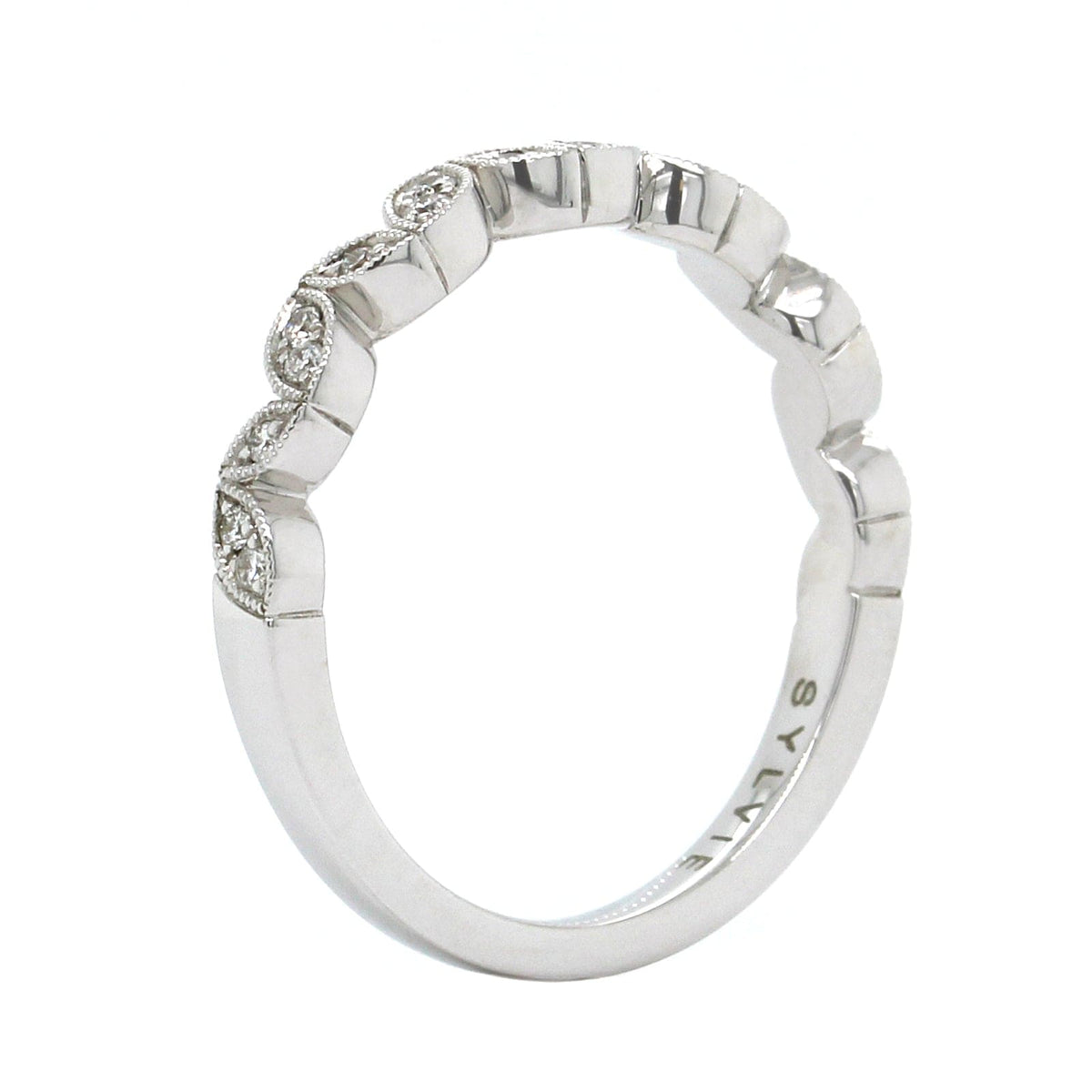 18K White Gold Leaf Pattern Milgrain Wedding Band