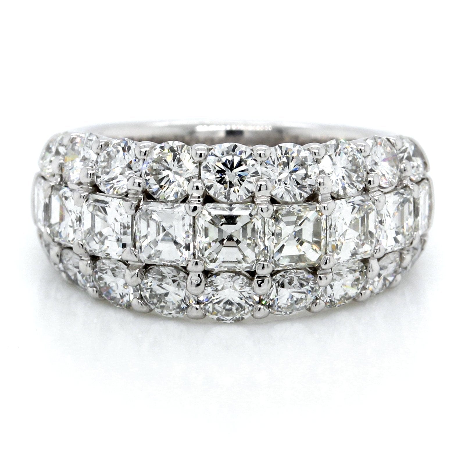 Platinum Three-Row Emerald and Round Cut Wedding Ring