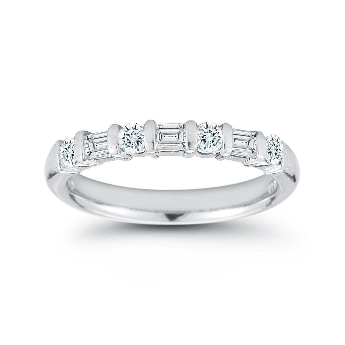 Platinum Alternating Round and Baguette Cut Diamond Wedding Ring