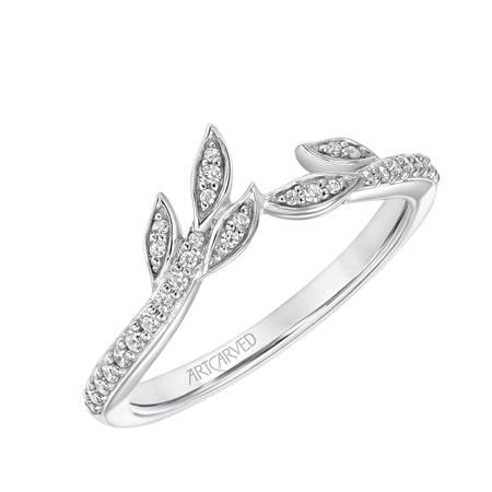18K White Gold Bead Set Leaf Design Diamond Band