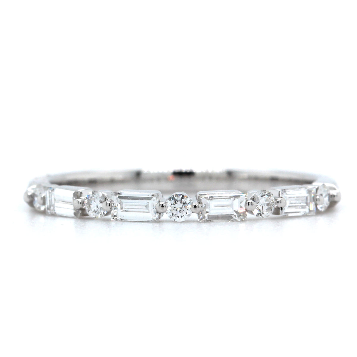 14K White Gold Round and Baguette Diamond Band