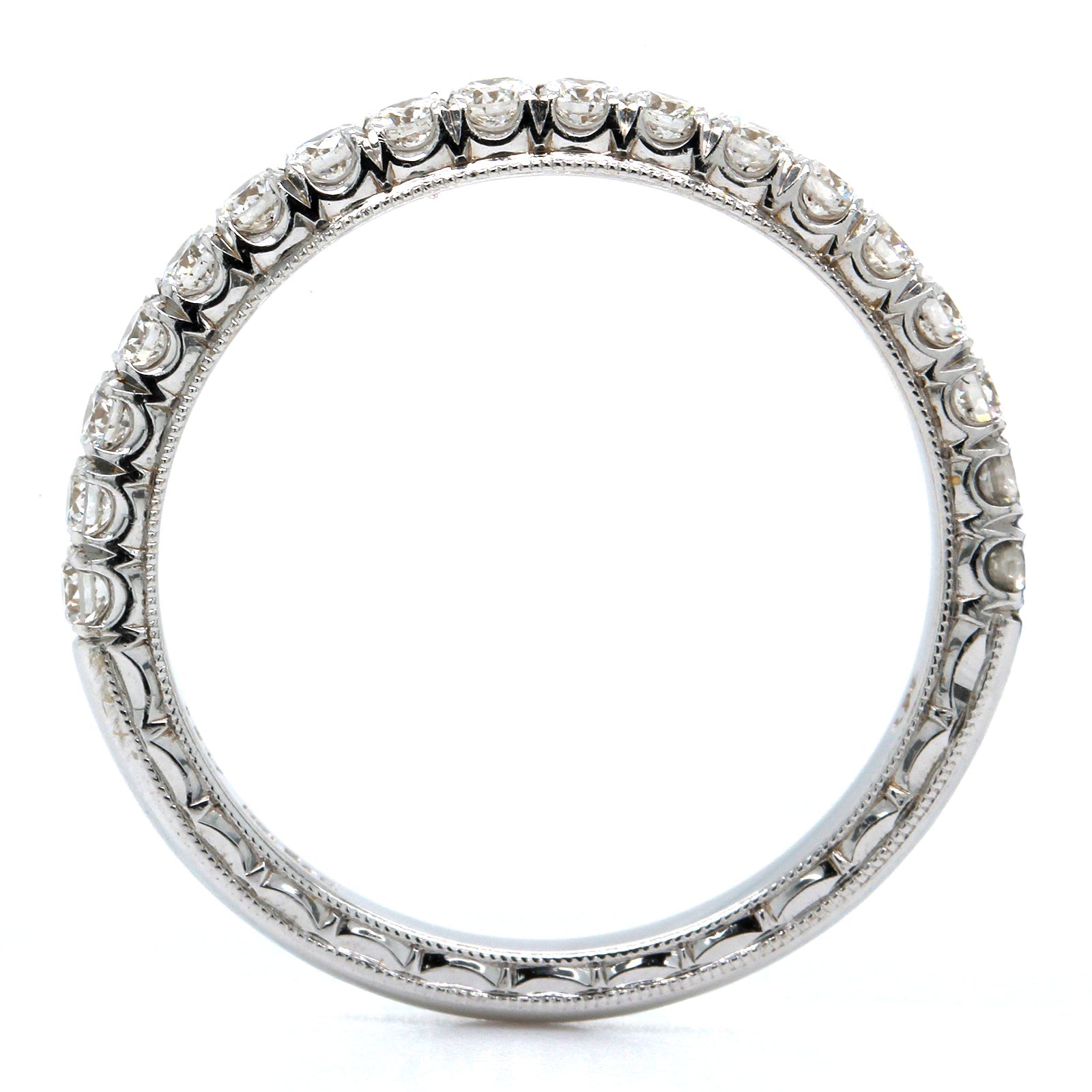 18K White Gold Prong Set Diamond Engraved Band, 18k white gold, Long's Jewelers
