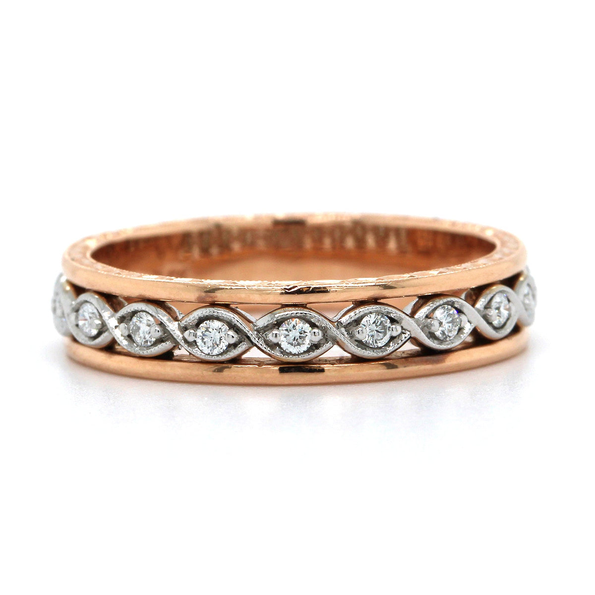 14K Rose Gold Bead Set Diamond Twist Band, 14k rose and 18k white gold, Long's Jewelers