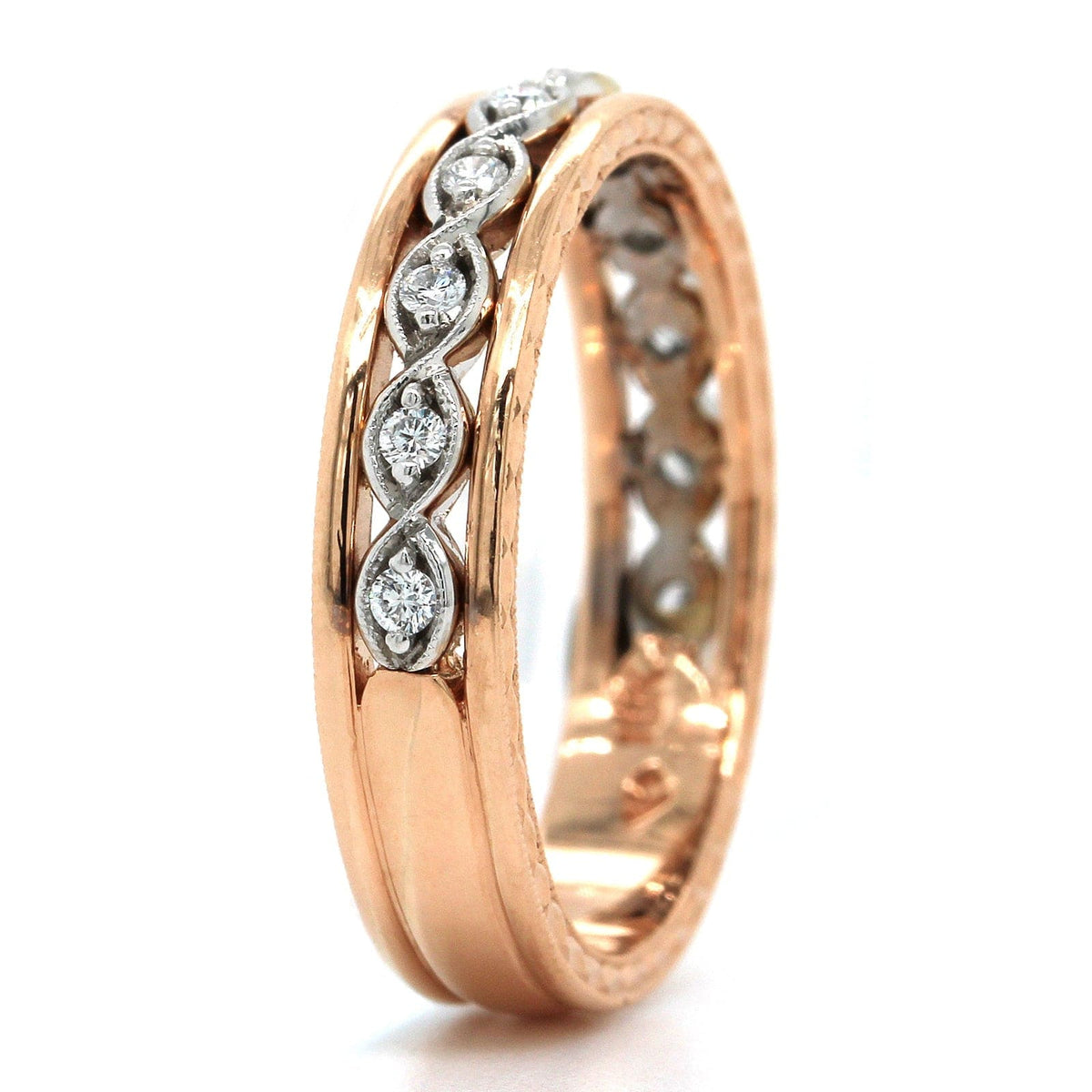 14K Rose Gold Bead Set Diamond Twist Band, 14k rose and 18k white gold, Long's Jewelers