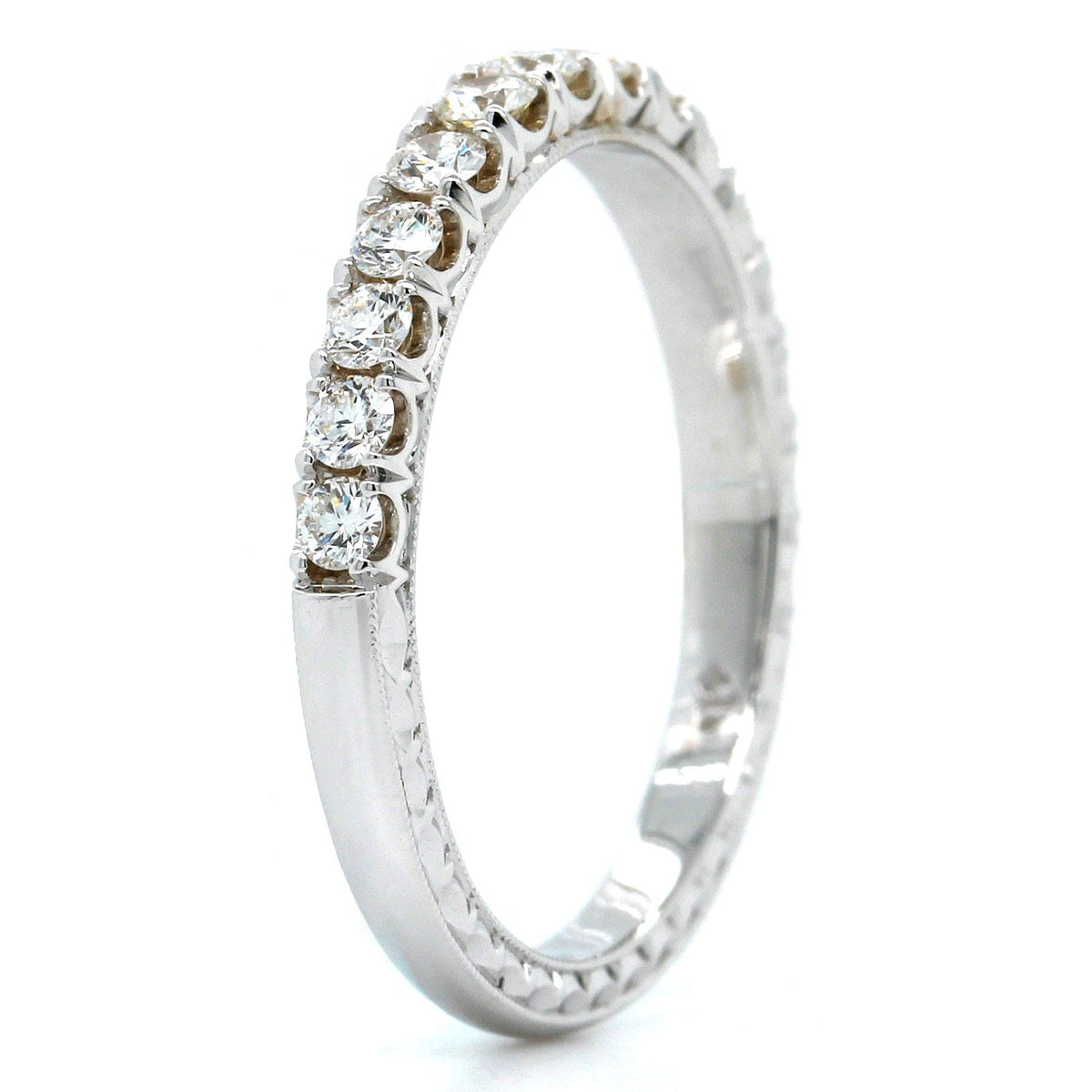 18K White Gold Prong Set Diamond Engraved Band, 18k white gold, Long's Jewelers
