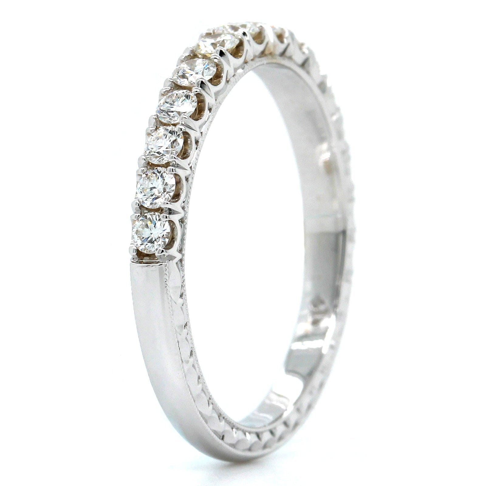 18K White Gold Prong Set Diamond Engraved Band, 18k white gold, Long's Jewelers