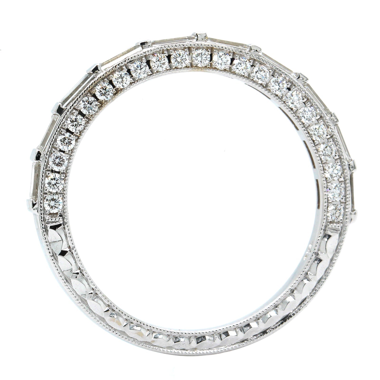 18K White Gold Baguette Diamond Engraved Band, 18k white gold, Long's Jewelers