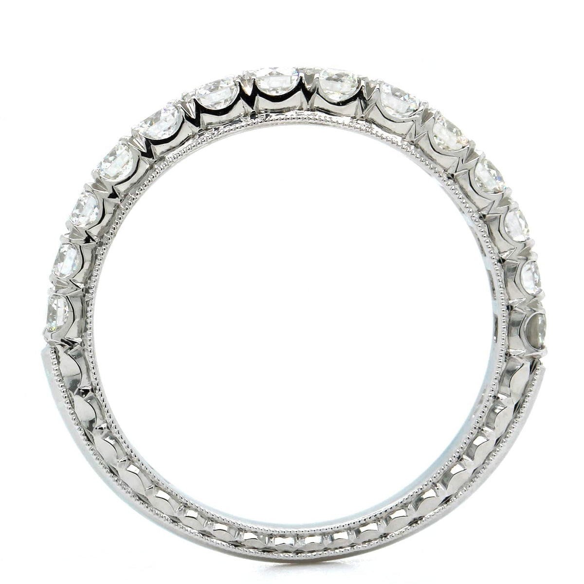 18K White Gold Prong Set Diamond Engraved Band, 18k white gold, Long's Jewelers