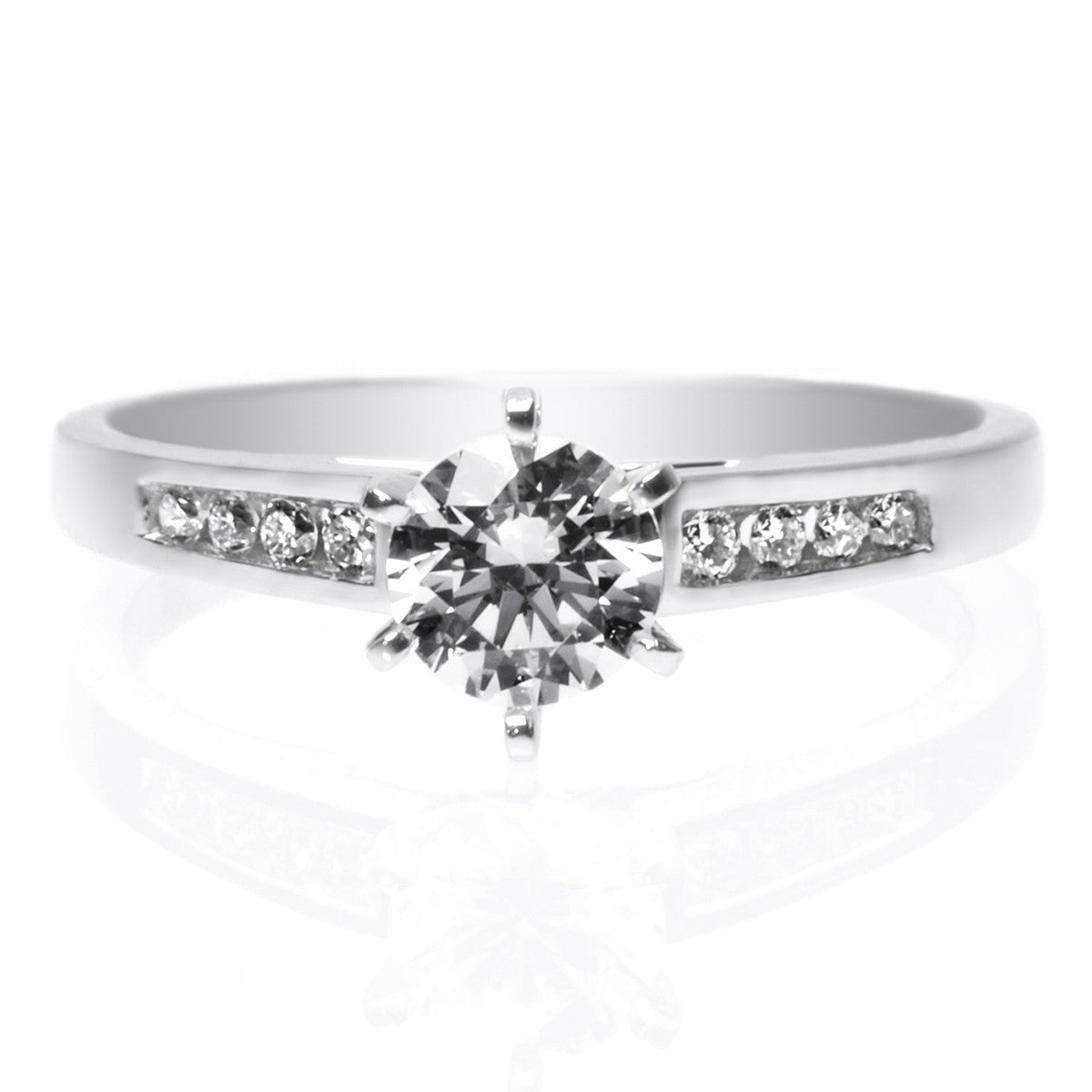 14K White Gold Six Prong Channel Set Diamond Engagement Ring