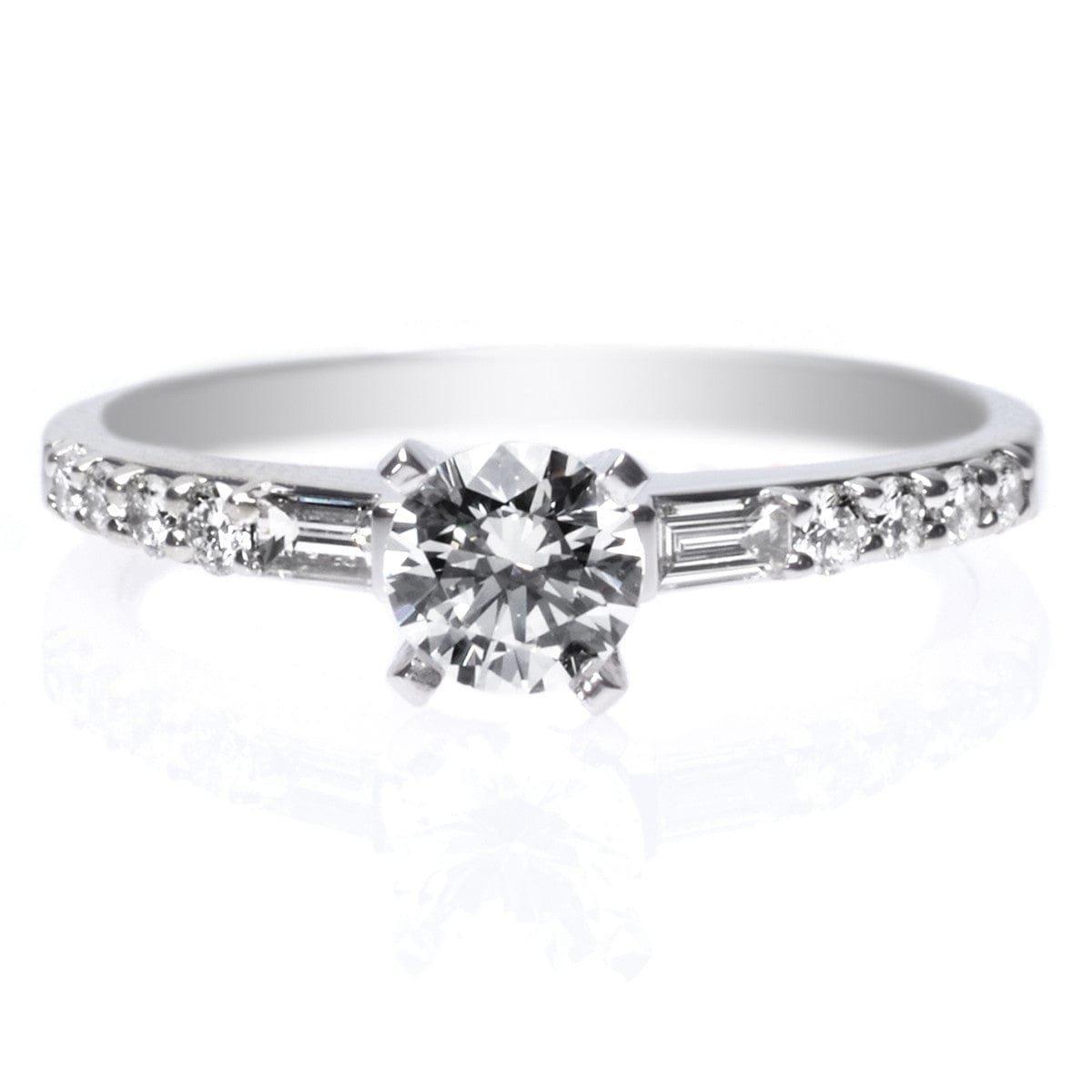 18K White Gold Baguette and Round Cut Diamond Engagement Ring