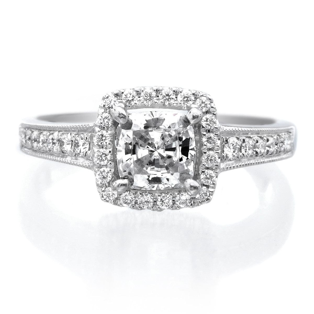 Platinum Cushion Halo Pave Milgrain Engagement Ring Setting