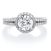 18K White Gold Halo Diamond Shank Engraved Engagement Ring