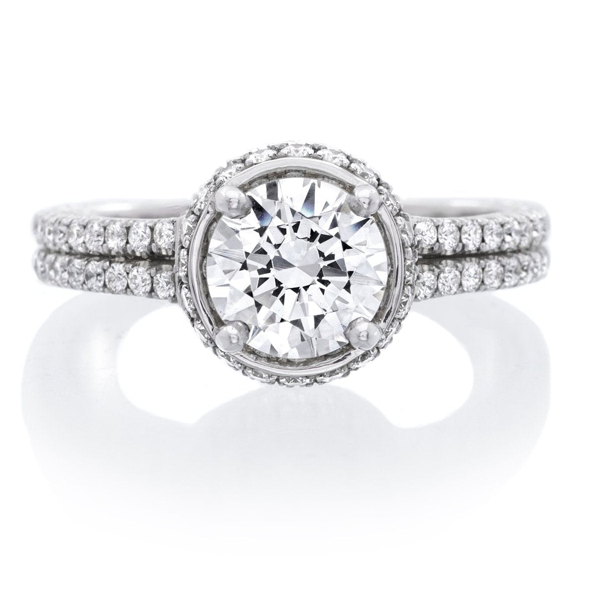 18K White Gold Halo Diamond Shank Engraved Engagement Ring