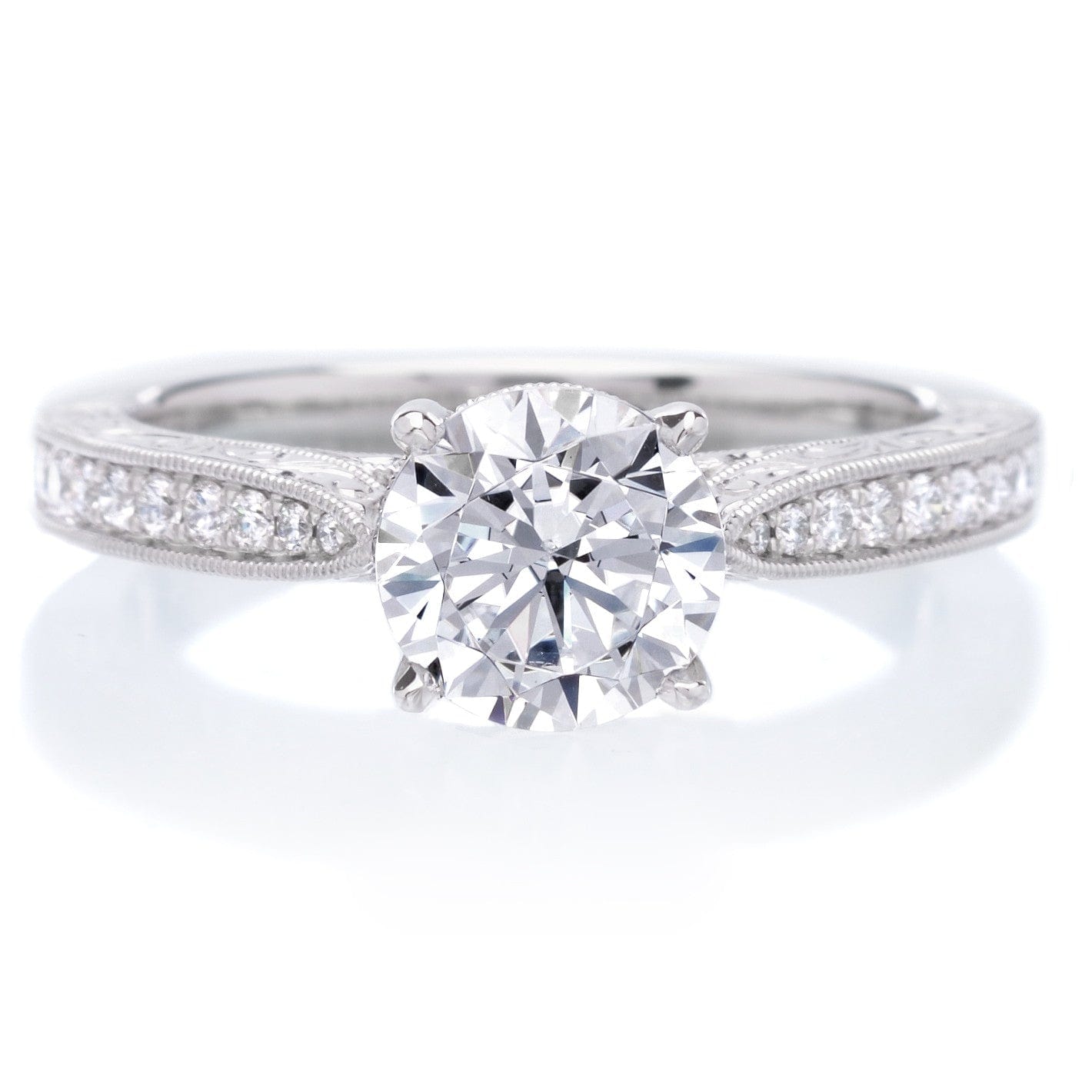 Platinum Designer Engraved Solitaire Diamond Engagement Ring