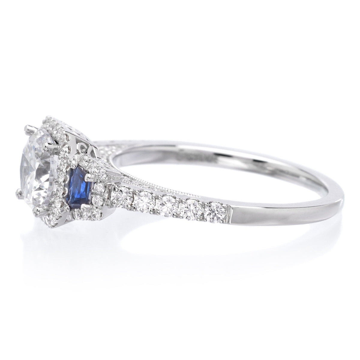 18K White Gold Three-Stone Diamond and Blue Sapphire Engagement Ring Setting