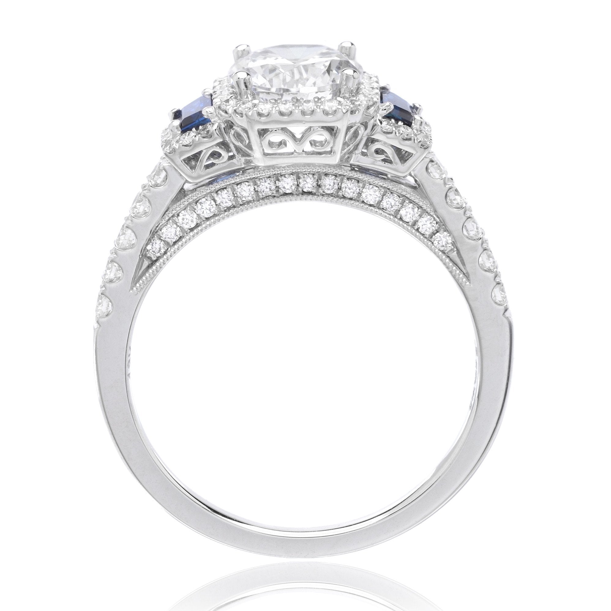 18K White Gold Three-Stone Diamond and Blue Sapphire Engagement Ring Setting