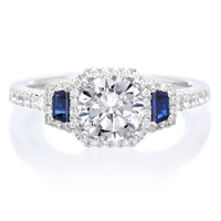 18K White Gold Three-Stone Diamond and Blue Sapphire Engagement Ring