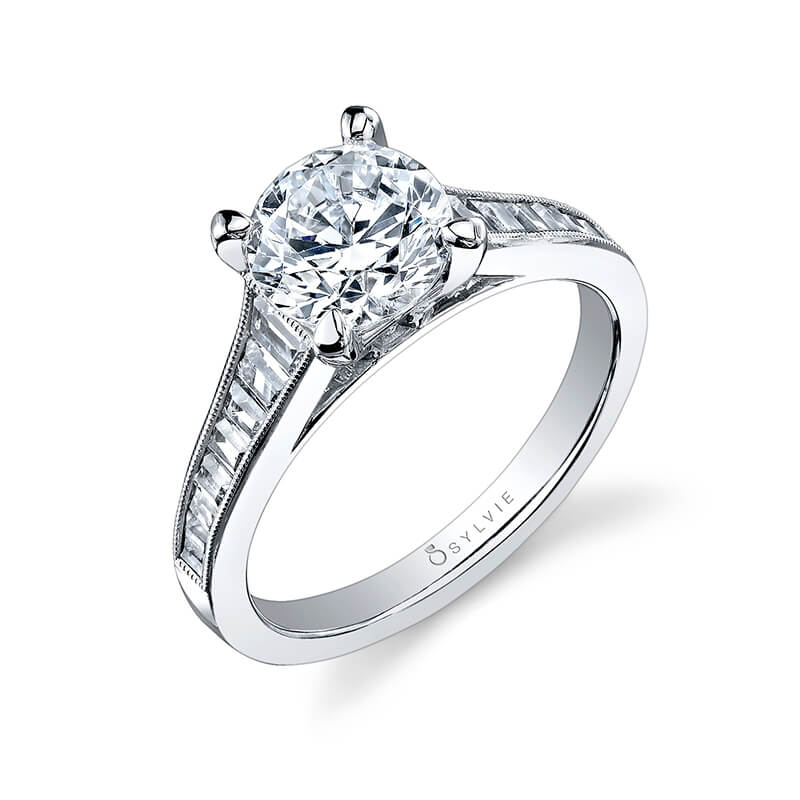 18K White Gold Baguette Diamond Engagement Ring Setting