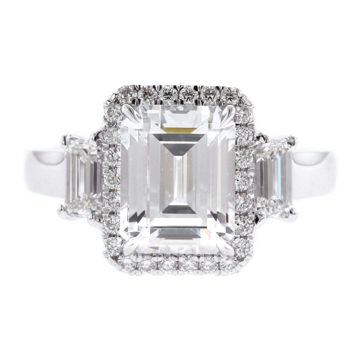 18K White Gold 3 Stone Emerald Halo Engagement Ring Setting
