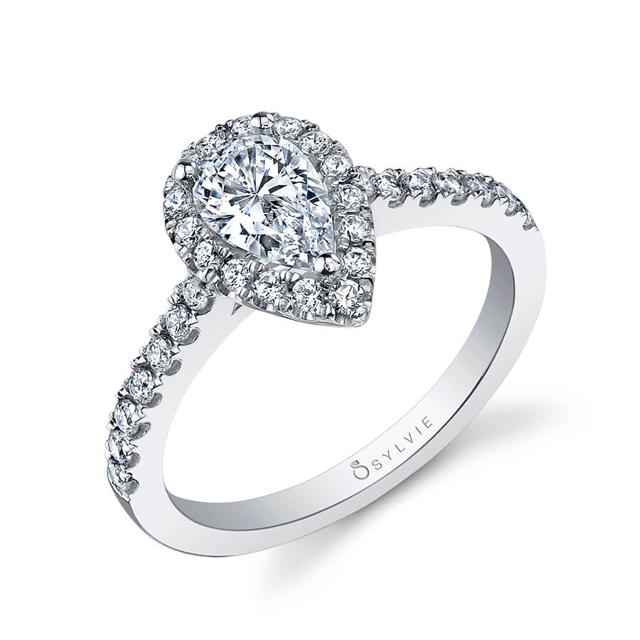 18K White Gold Pear Diamond Halo Engagement Ring Setting