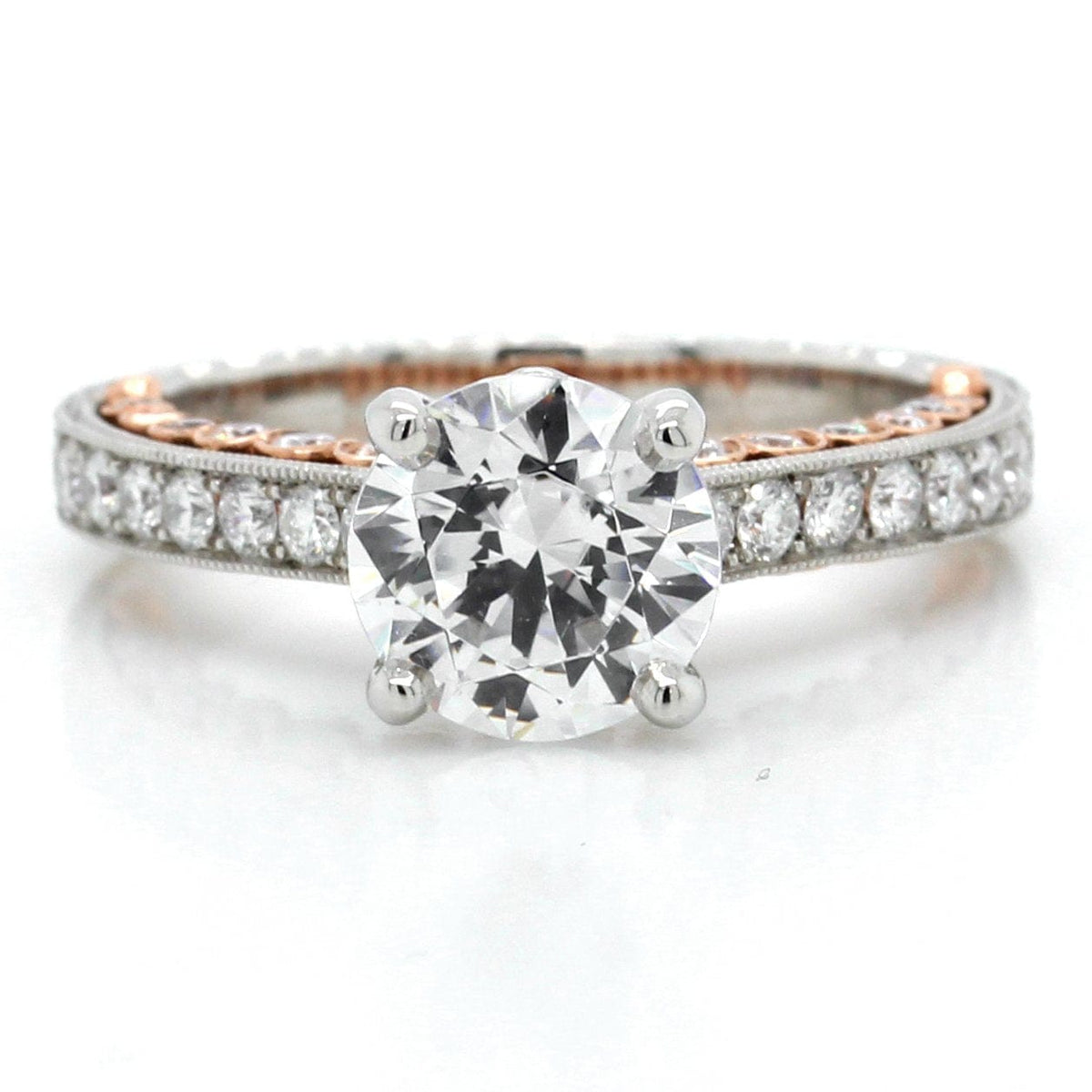 Platinum and 14K Rose Gold Three-Sided Milgrain Engagement Ring