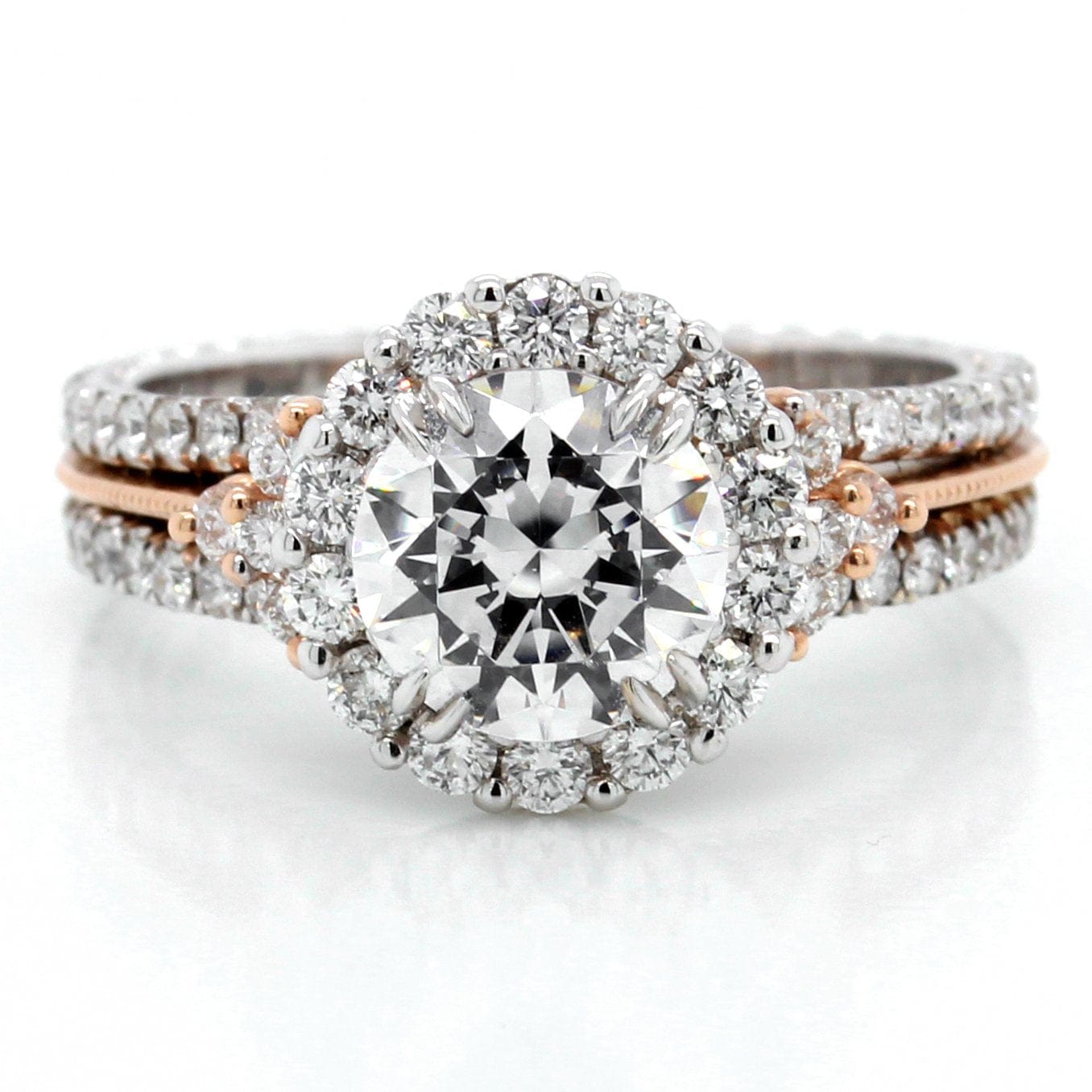 18K White Gold and 14K Rose Gold Tri-Shank Halo Engagement Ring