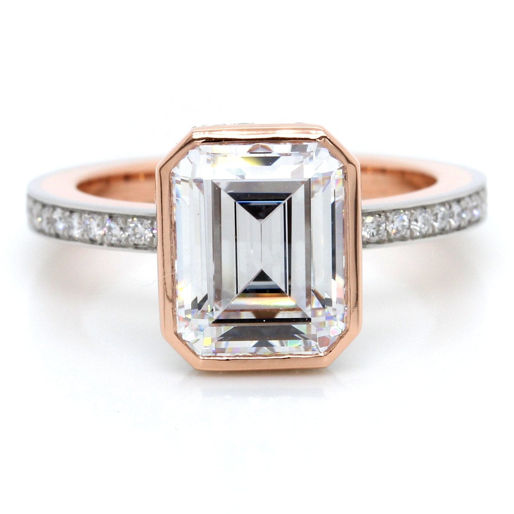 Platinum and 18K Rose Gold Emerald Cut Diamond Engagement Ring