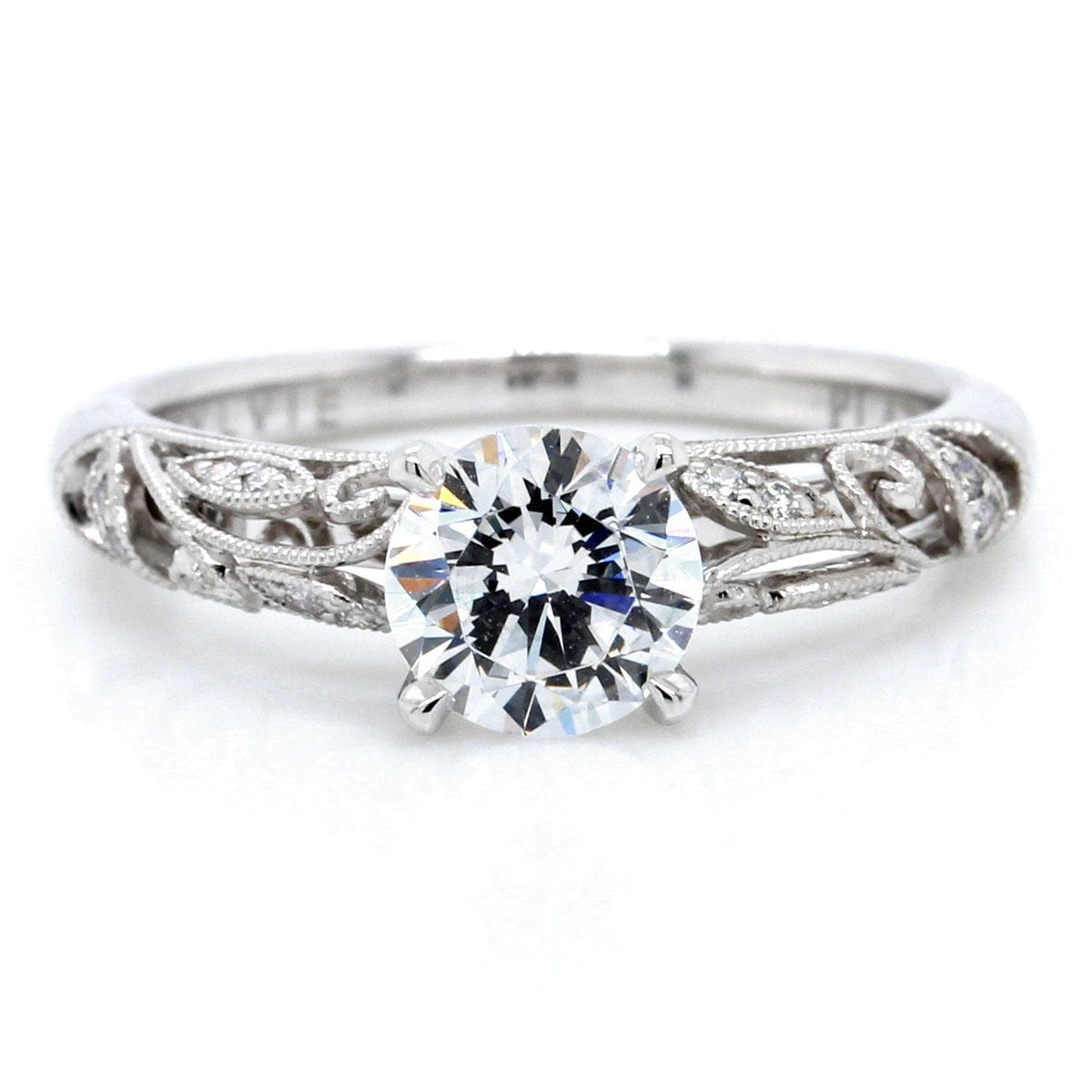 18K White Gold Vintage Style Floral Milgrain Engagement Ring