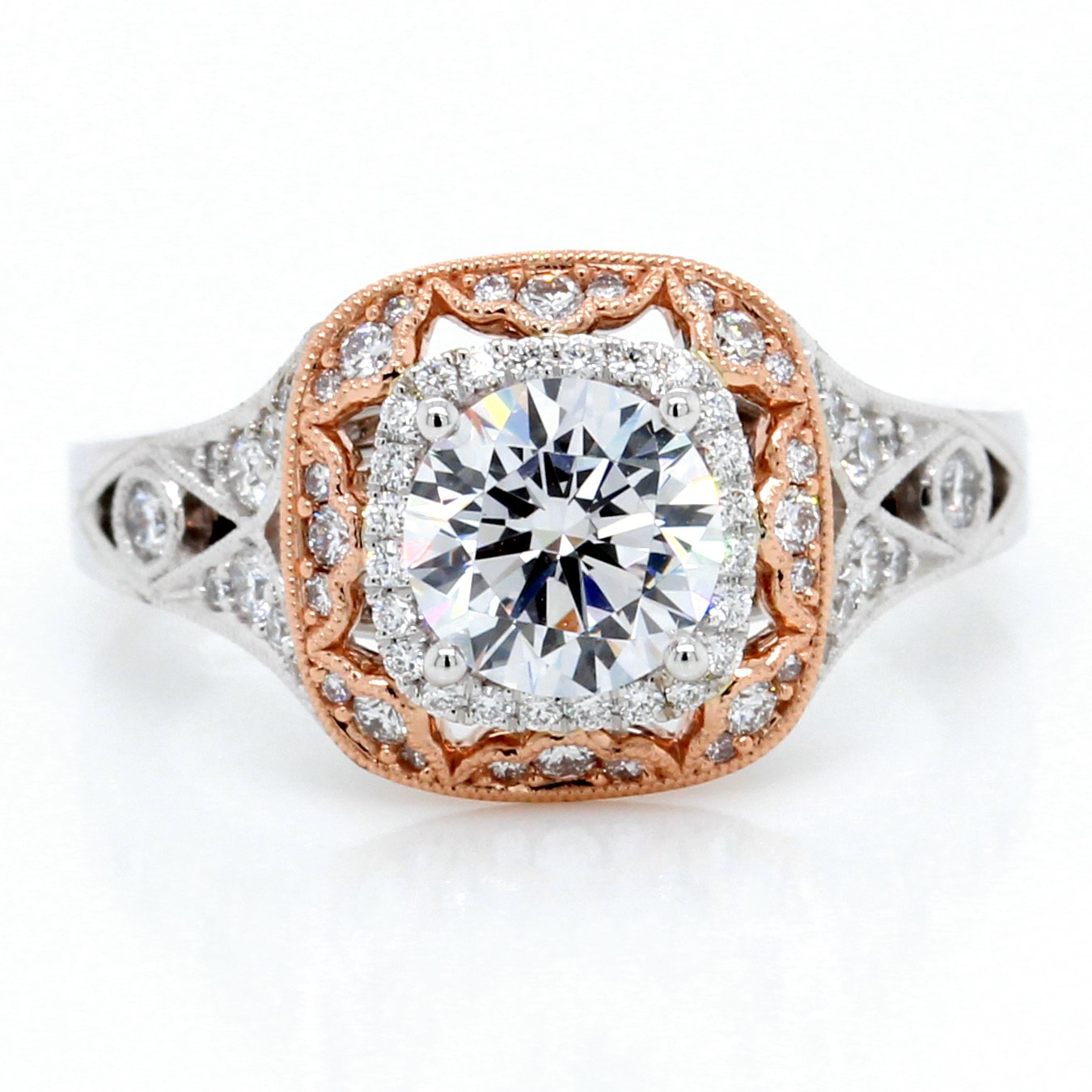 14K White and Rose Gold Cushion Halo Milgrain Engagement Ring