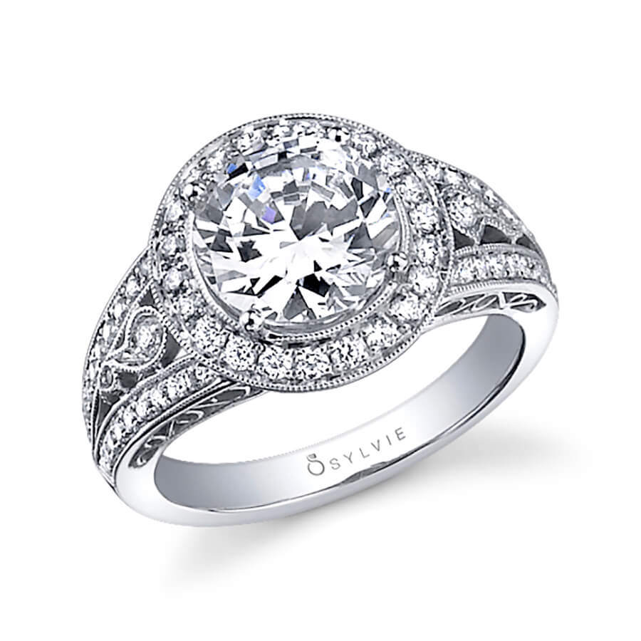18K White Gold Vintage Halo Milgrain Engagement Ring Setting