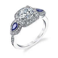 18K White Gold Cushion Diamond Halo with Sapphire Engagement Ring Setting