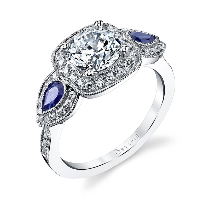 18K White Gold Cushion Diamond Halo with Sapphire Engagement Ring Setting