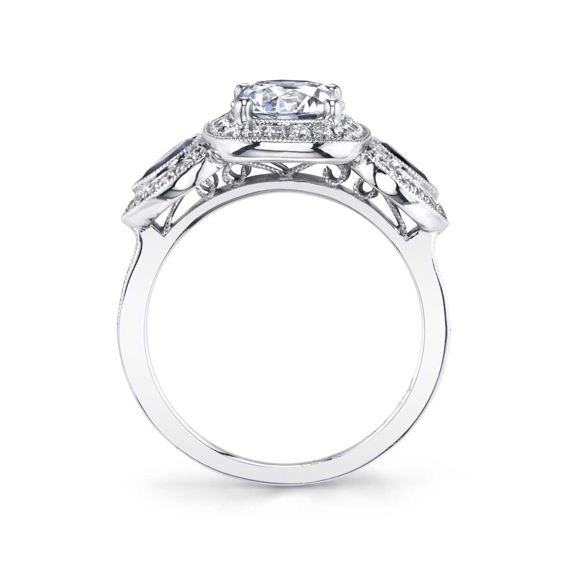 18K White Gold Cushion Diamond Halo with Sapphire Engagement Ring Setting