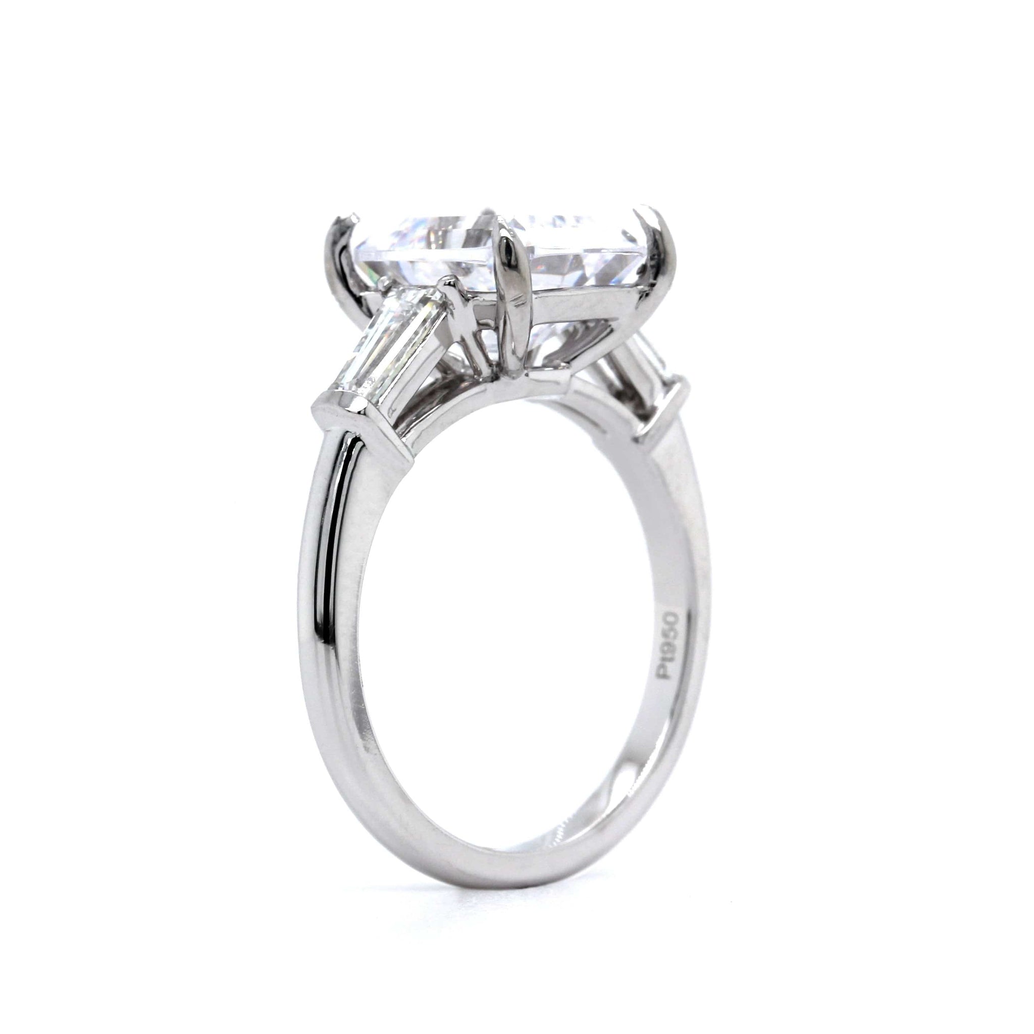 Platinum 3 Stone Emerald Cut Diamond with Tapered Sides Engagement Ring Setting