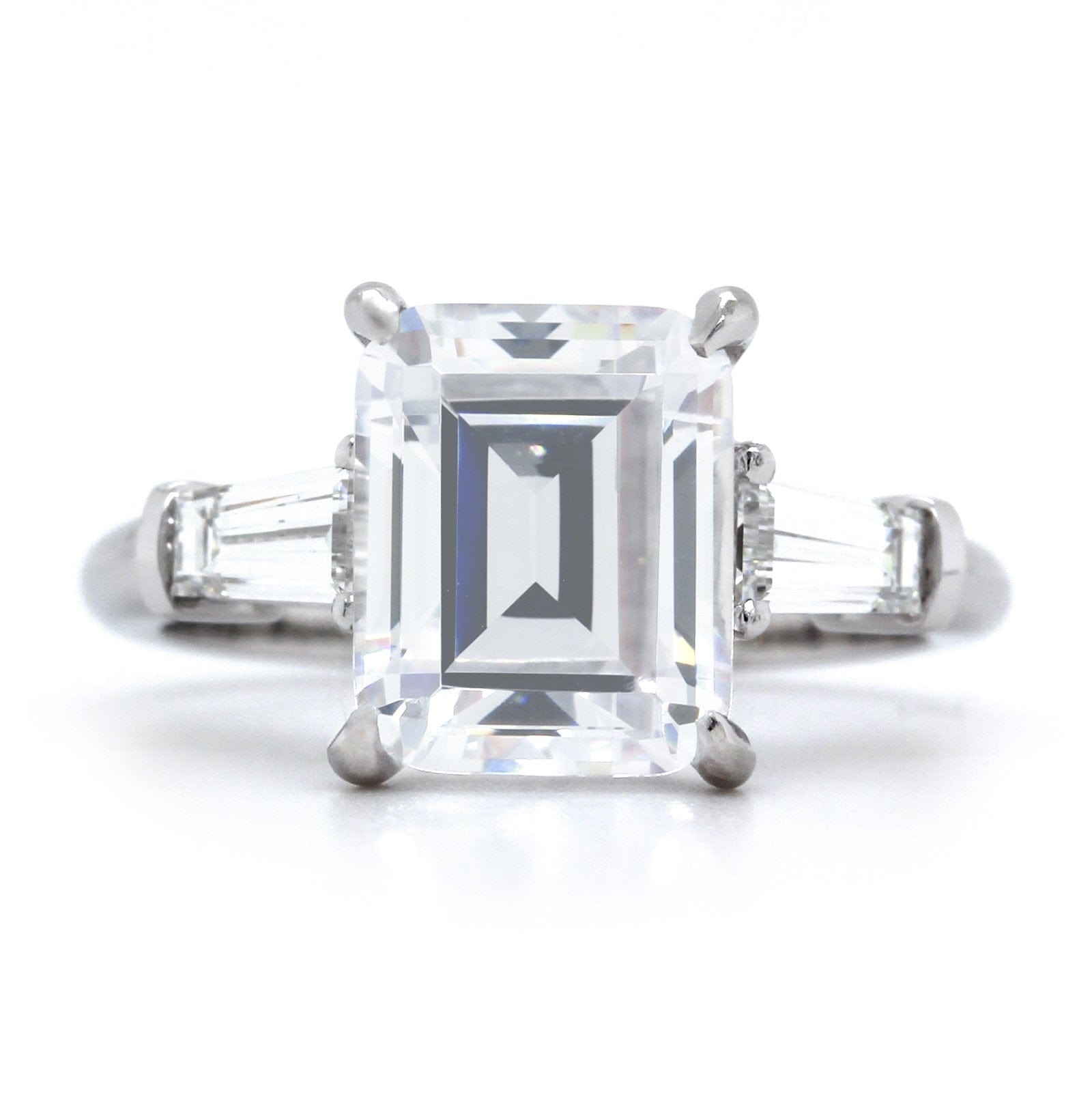 Platinum 3 Stone Emerald Cut Diamond with Tapered Sides Engagement Ring Setting