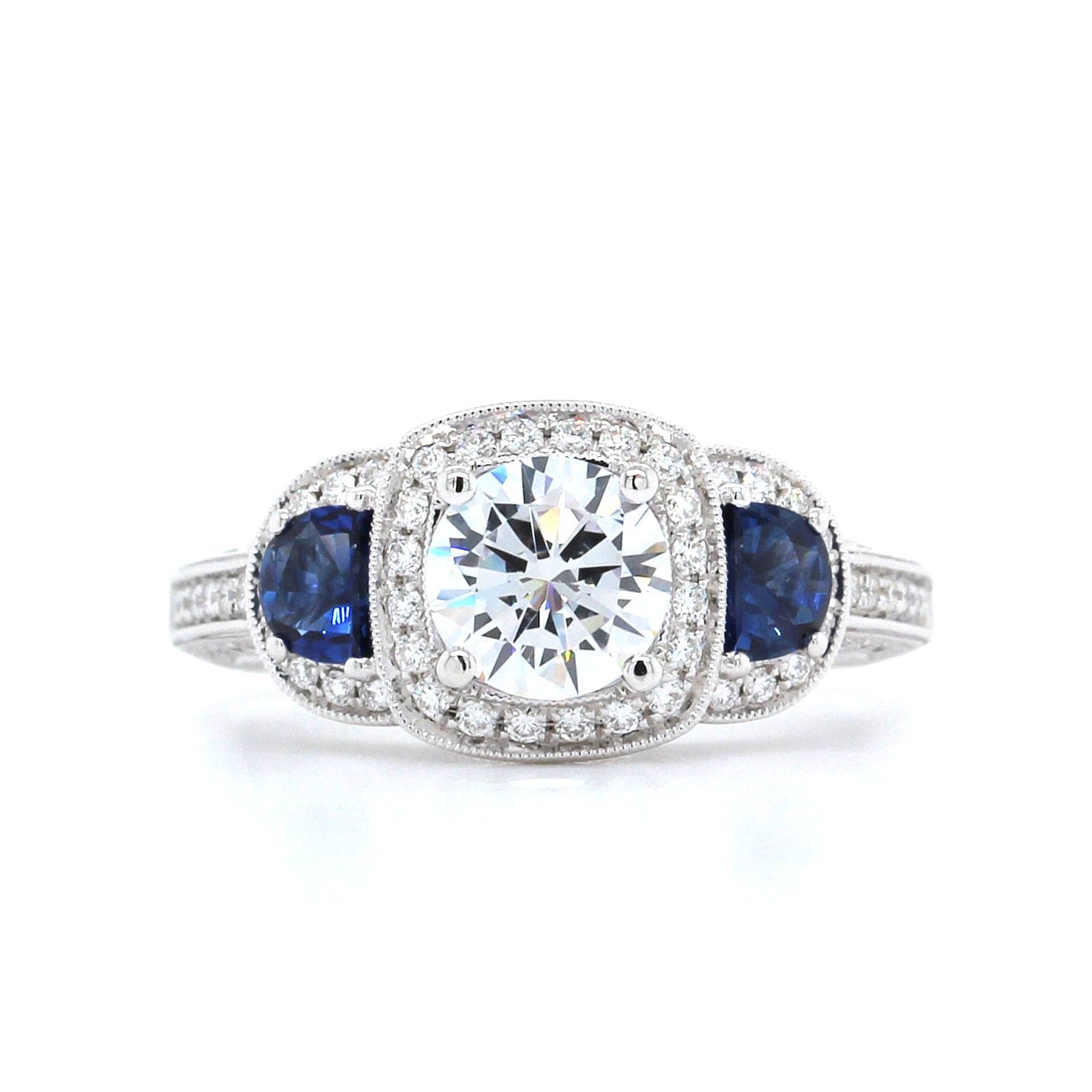 18K White Gold Diamond Halo and Sapphire Sides Engagement Ring Setting
