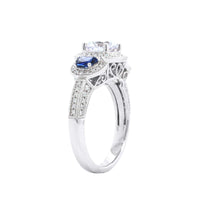 18K White Gold Diamond Halo and Sapphire Sides Engagement Ring Setting