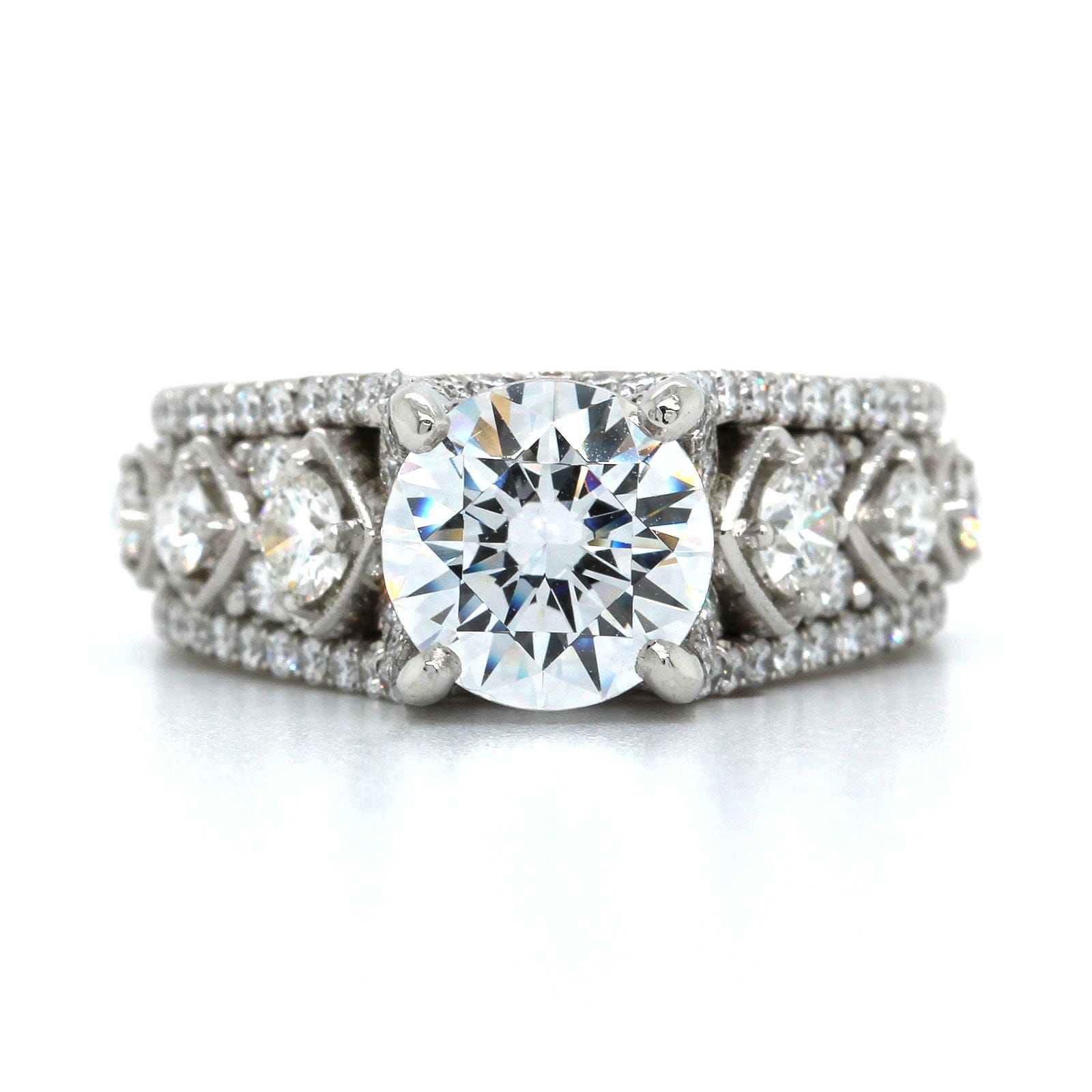 Platinum Engraved 3 Row Vintage Style Diamond Engagement Ring Setting ...
