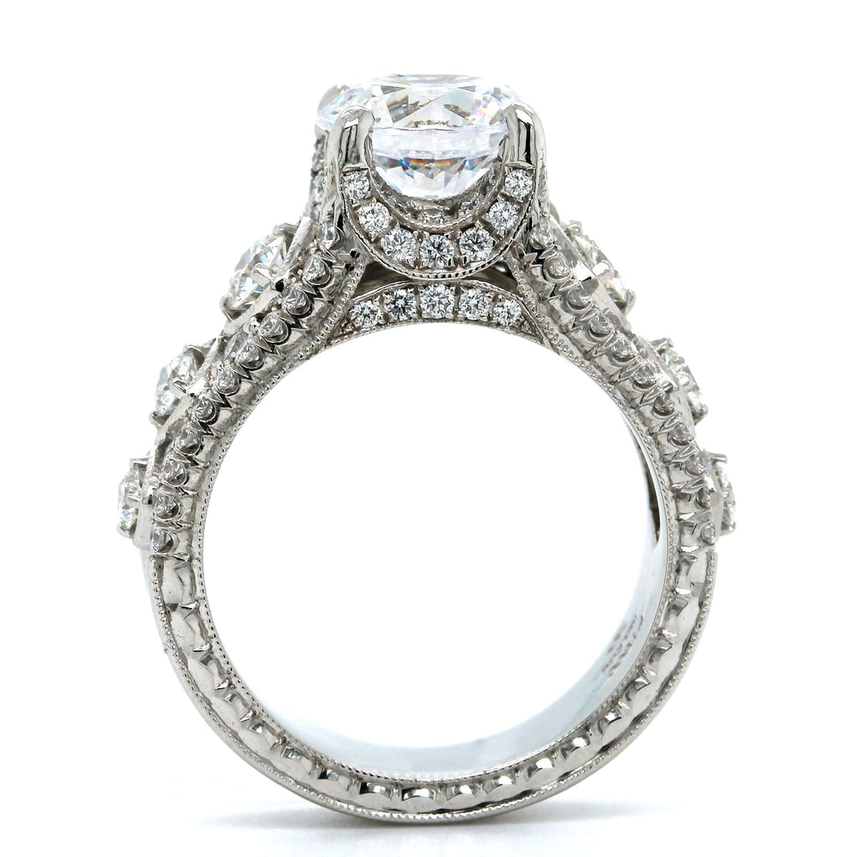 Platinum Engraved 3 Row Vintage Style Diamond Engagement Ring Setting, Platinum, Long's Jewelers